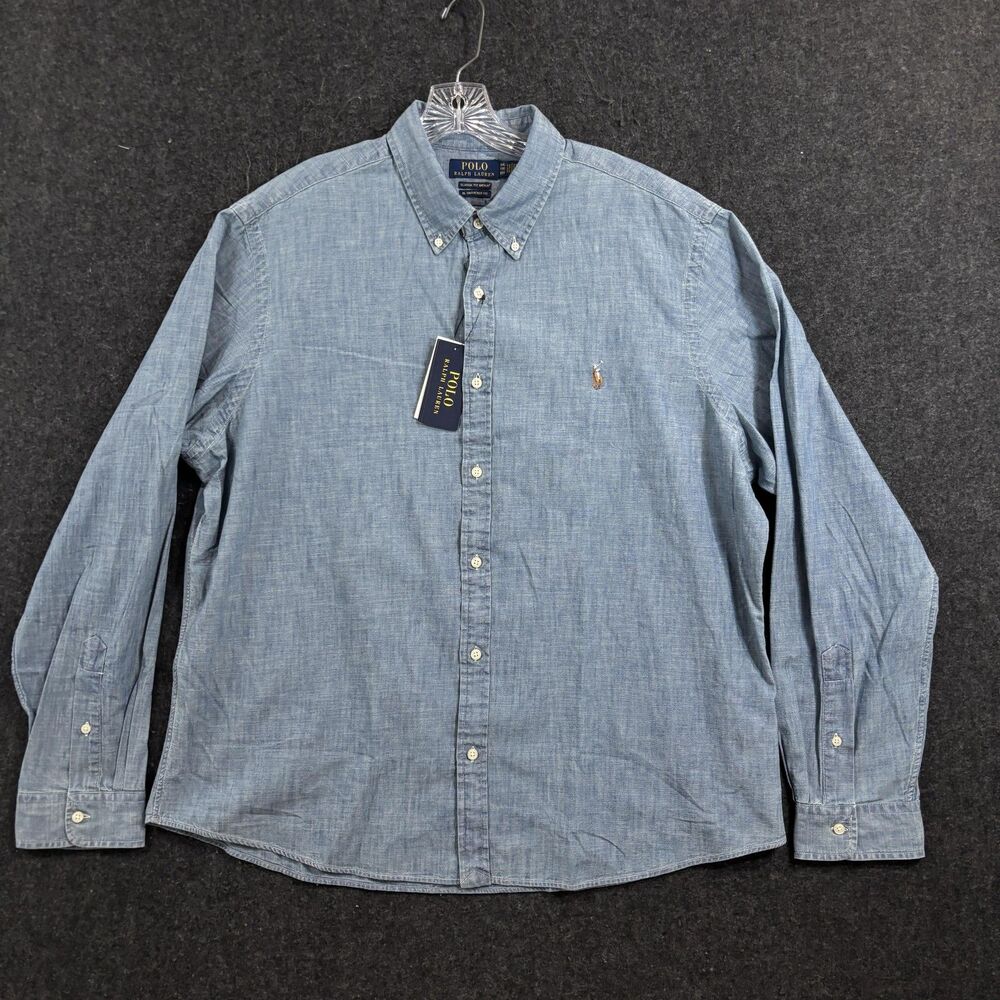Polo Ralph Lauren Untucked Shirt Men's XXL Blue Chambray Indigo RL Button Down